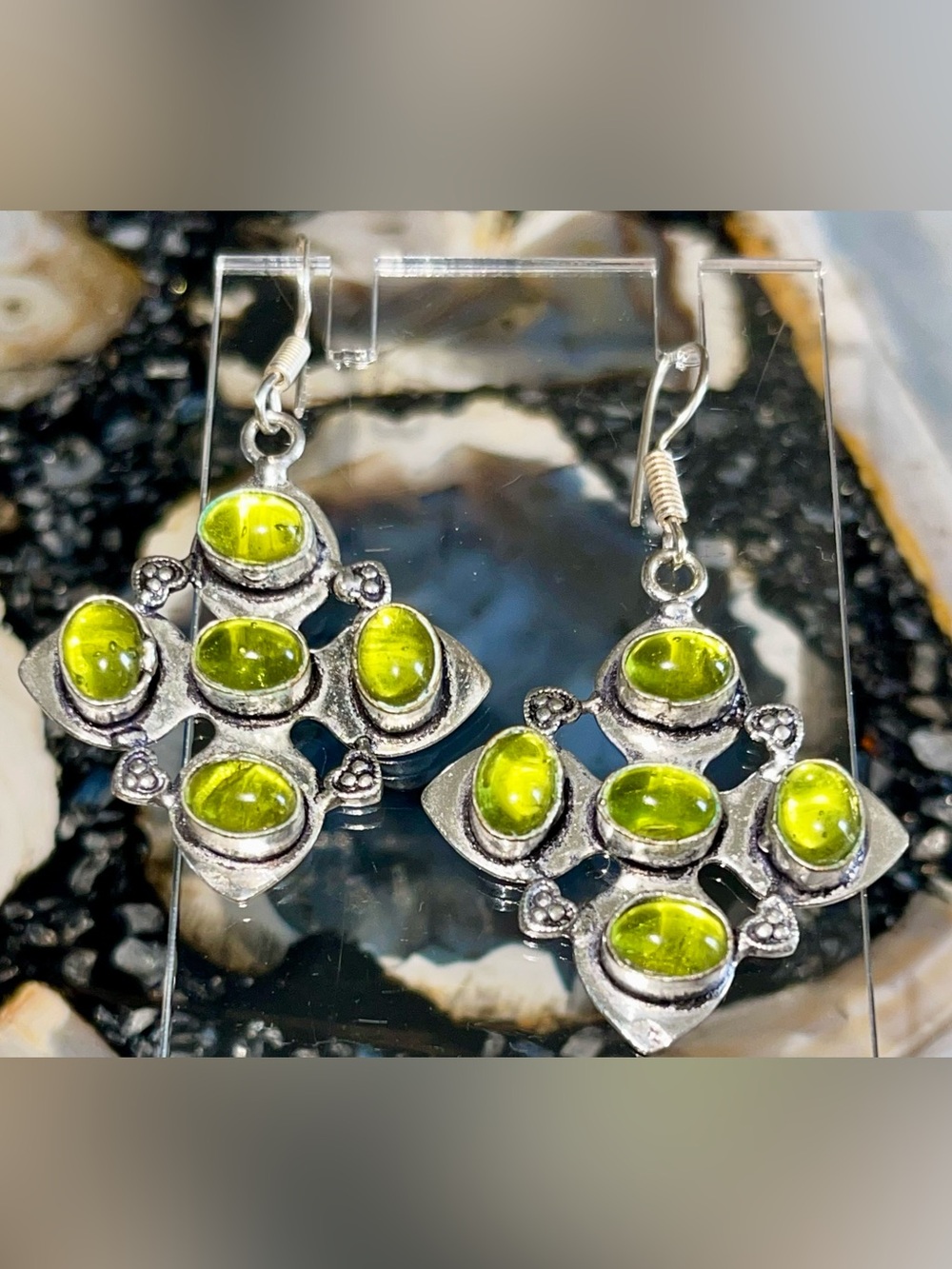 Simulated Olive Green Peridot Statement Earrings 2 1/4”